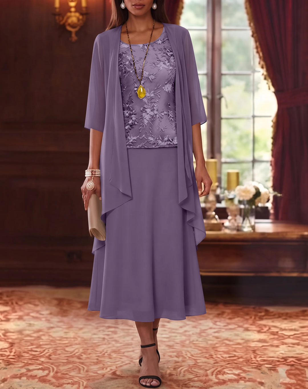 Ensemble de 2 Morceaux, Robe Mère de la Mariée, Ligne A/Princesse, Col Rond, Mousseline, avec Veste, Manches 3/4, Longueur du Thé, Dentelle