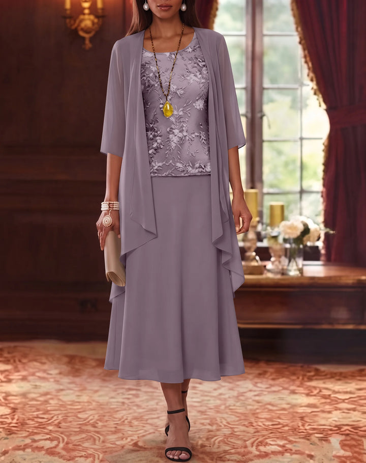 Ensemble de 2 Morceaux, Robe Mère de la Mariée, Ligne A/Princesse, Col Rond, Mousseline, avec Veste, Manches 3/4, Longueur du Thé, Dentelle