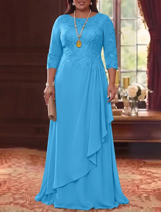 Robe Mère de la Mariée en Mousseline et Dentelle, Grande Taille, Ligne A/Princesse, Col Rond, Manches 3/4, Longueur au Sol, Plissér