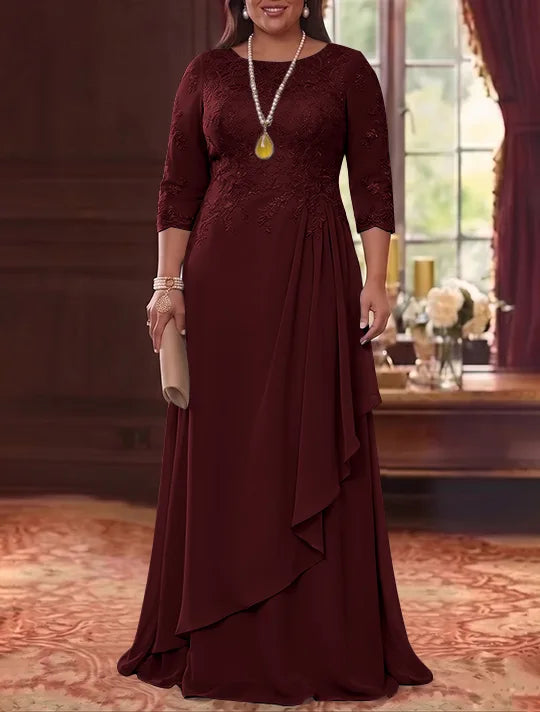 Robe Mère de la Mariée en Mousseline et Dentelle, Grande Taille, Ligne A/Princesse, Col Rond, Manches 3/4, Longueur au Sol, Plissér