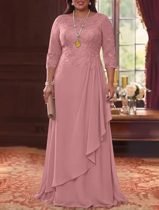 Robe Mère de la Mariée en Mousseline et Dentelle, Grande Taille, Ligne A/Princesse, Col Rond, Manches 3/4, Longueur au Sol, Plissér
