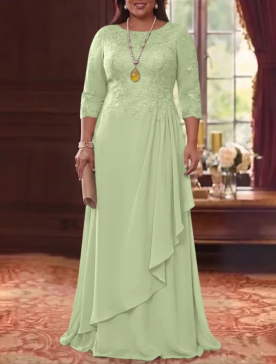 Robe Mère de la Mariée en Mousseline et Dentelle, Grande Taille, Ligne A/Princesse, Col Rond, Manches 3/4, Longueur au Sol, Plissér