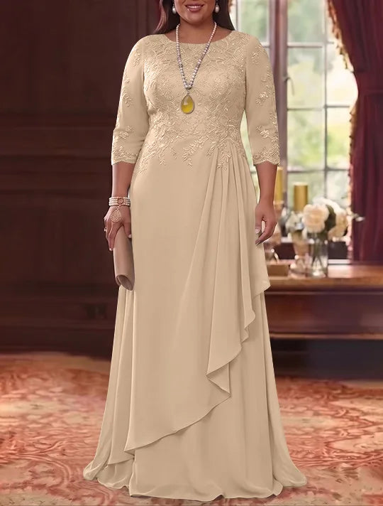 Robe Mère de la Mariée en Mousseline et Dentelle, Grande Taille, Ligne A/Princesse, Col Rond, Manches 3/4, Longueur au Sol, Plissér