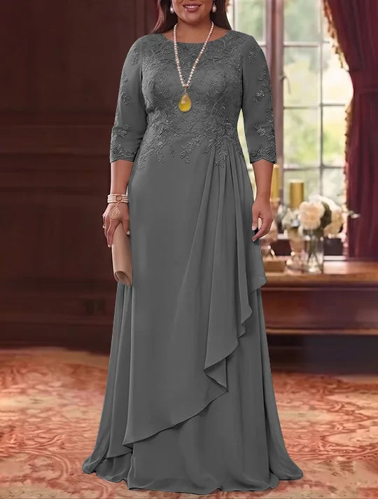 Robe Mère de la Mariée en Mousseline et Dentelle, Grande Taille, Ligne A/Princesse, Col Rond, Manches 3/4, Longueur au Sol, Plissér