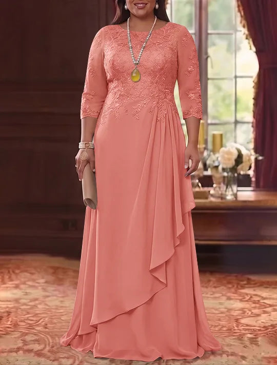Robe Mère de la Mariée en Mousseline et Dentelle, Grande Taille, Ligne A/Princesse, Col Rond, Manches 3/4, Longueur au Sol, Plissér