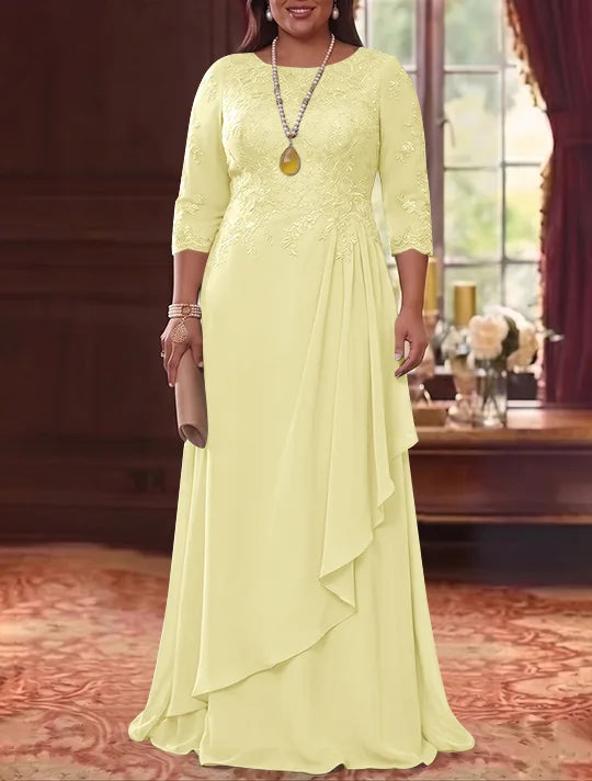 Robe Mère de la Mariée en Mousseline et Dentelle, Grande Taille, Ligne A/Princesse, Col Rond, Manches 3/4, Longueur au Sol, Plissér