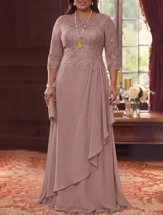 Robe Mère de la Mariée en Mousseline et Dentelle, Grande Taille, Ligne A/Princesse, Col Rond, Manches 3/4, Longueur au Sol, Plissér
