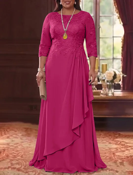Robe Mère de la Mariée en Mousseline et Dentelle, Grande Taille, Ligne A/Princesse, Col Rond, Manches 3/4, Longueur au Sol, Plissér