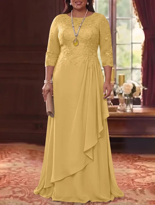 Robe Mère de la Mariée en Mousseline et Dentelle, Grande Taille, Ligne A/Princesse, Col Rond, Manches 3/4, Longueur au Sol, Plissér