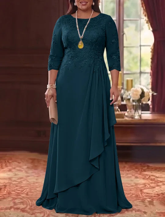 Robe Mère de la Mariée en Mousseline et Dentelle, Grande Taille, Ligne A/Princesse, Col Rond, Manches 3/4, Longueur au Sol, Plissér