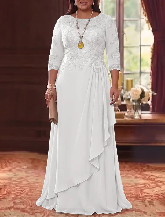 Robe Mère de la Mariée en Mousseline et Dentelle, Grande Taille, Ligne A/Princesse, Col Rond, Manches 3/4, Longueur au Sol, Plissér