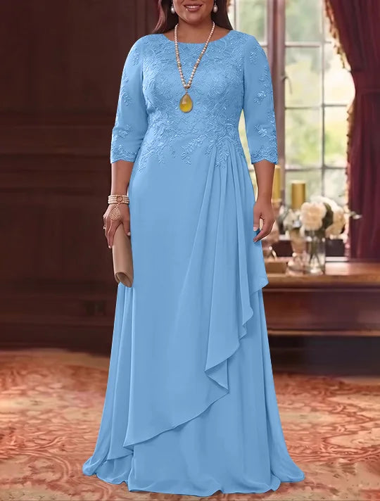 Robe Mère de la Mariée en Mousseline et Dentelle, Grande Taille, Ligne A/Princesse, Col Rond, Manches 3/4, Longueur au Sol, Plissér