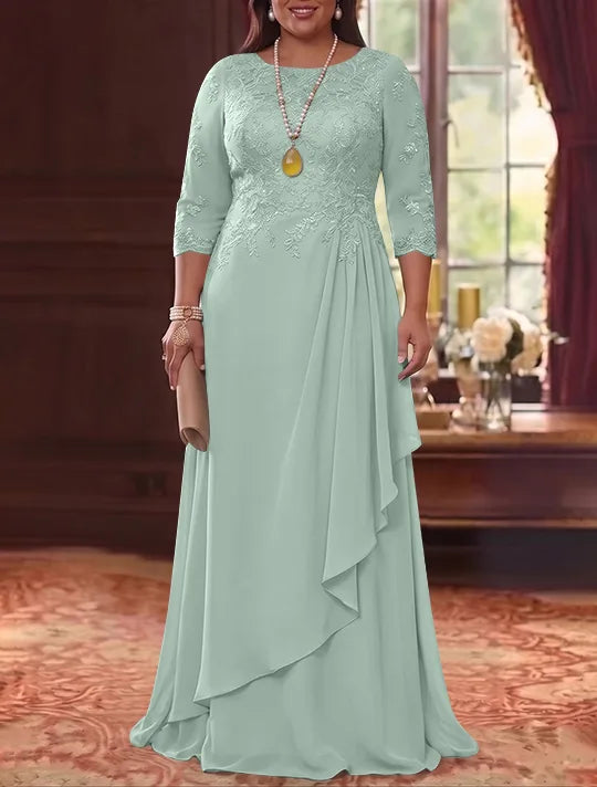 Robe Mère de la Mariée en Mousseline et Dentelle, Grande Taille, Ligne A/Princesse, Col Rond, Manches 3/4, Longueur au Sol, Plissér