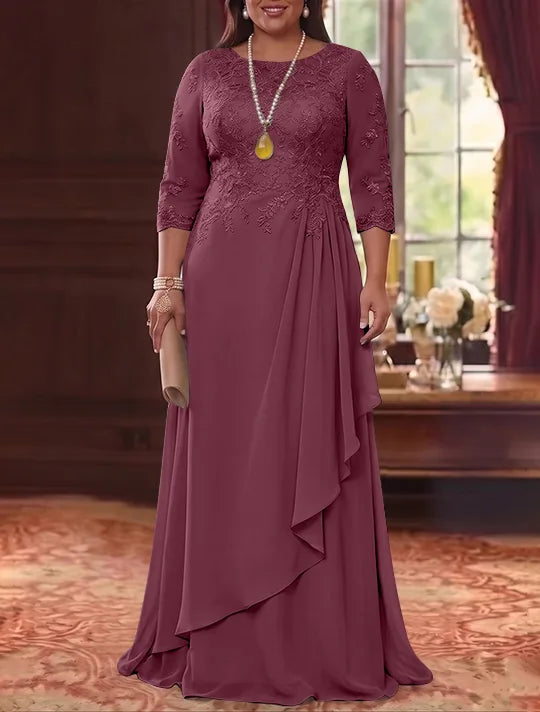 Robe Mère de la Mariée en Mousseline et Dentelle, Grande Taille, Ligne A/Princesse, Col Rond, Manches 3/4, Longueur au Sol, Plissér
