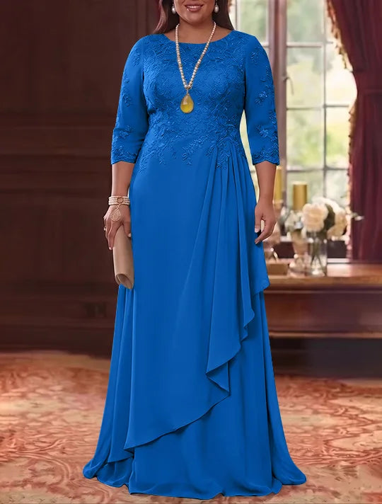 Robe Mère de la Mariée en Mousseline et Dentelle, Grande Taille, Ligne A/Princesse, Col Rond, Manches 3/4, Longueur au Sol, Plissér