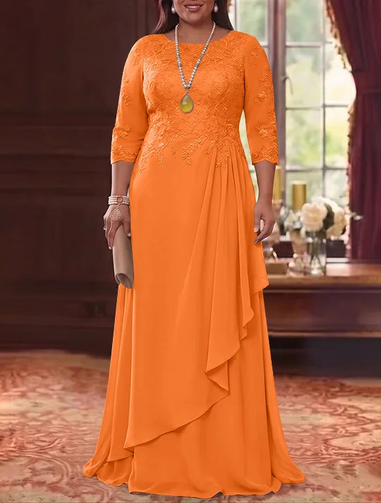 Robe Mère de la Mariée en Mousseline et Dentelle, Grande Taille, Ligne A/Princesse, Col Rond, Manches 3/4, Longueur au Sol, Plissér