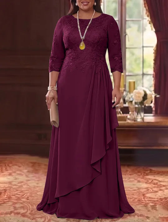 Robe Mère de la Mariée en Mousseline et Dentelle, Grande Taille, Ligne A/Princesse, Col Rond, Manches 3/4, Longueur au Sol, Plissér