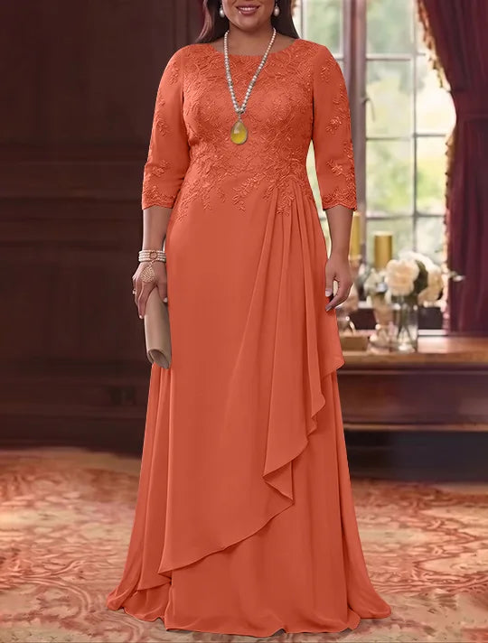 Robe Mère de la Mariée en Mousseline et Dentelle, Grande Taille, Ligne A/Princesse, Col Rond, Manches 3/4, Longueur au Sol, Plissér