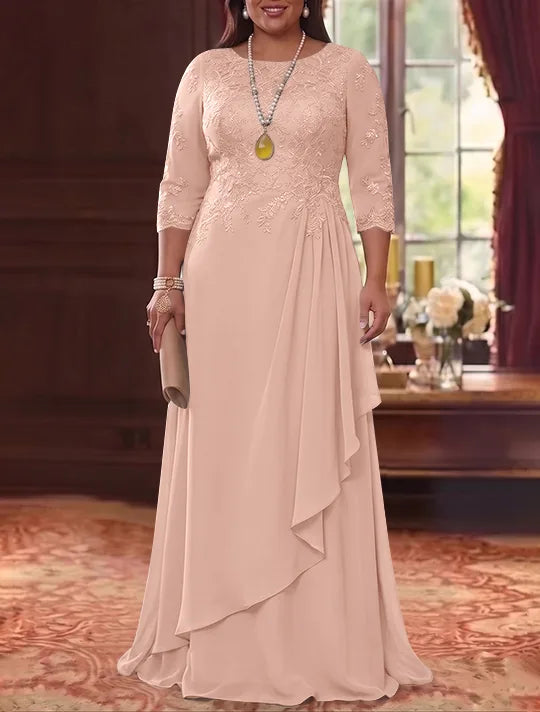 Robe Mère de la Mariée en Mousseline et Dentelle, Grande Taille, Ligne A/Princesse, Col Rond, Manches 3/4, Longueur au Sol, Plissér