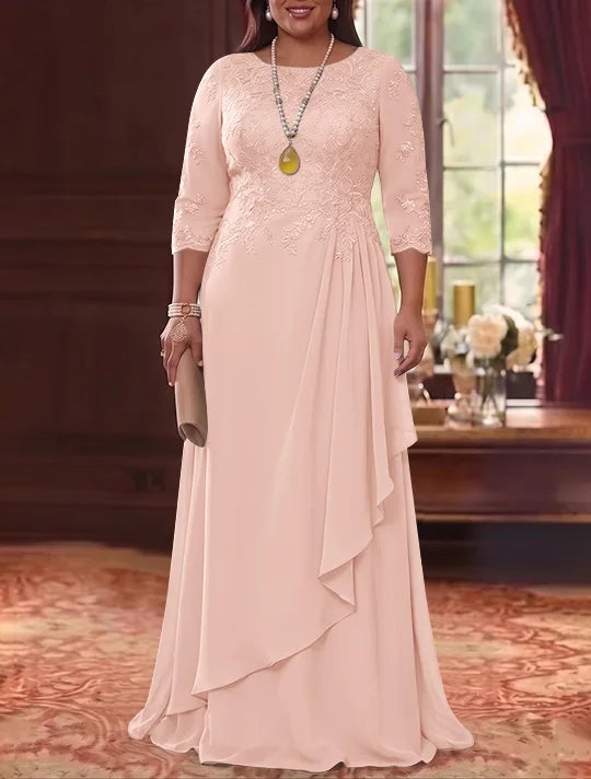 Robe Mère de la Mariée en Mousseline et Dentelle, Grande Taille, Ligne A/Princesse, Col Rond, Manches 3/4, Longueur au Sol, Plissér