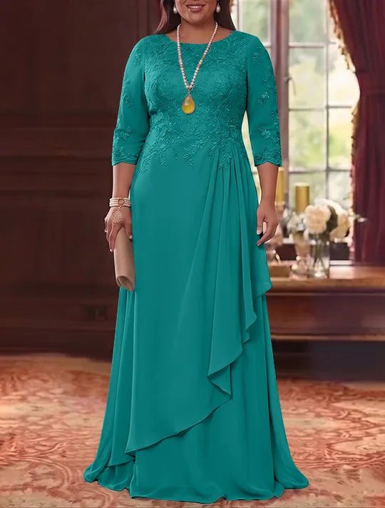Robe Mère de la Mariée en Mousseline et Dentelle, Grande Taille, Ligne A/Princesse, Col Rond, Manches 3/4, Longueur au Sol, Plissér