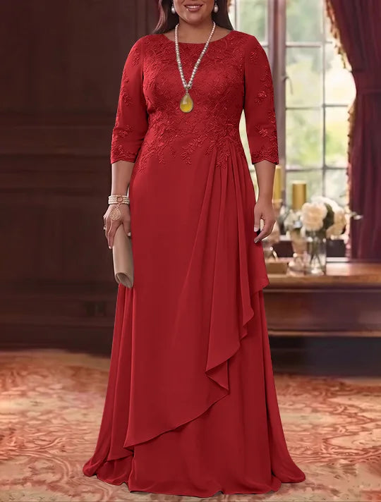 Robe Mère de la Mariée en Mousseline et Dentelle, Grande Taille, Ligne A/Princesse, Col Rond, Manches 3/4, Longueur au Sol, Plissér