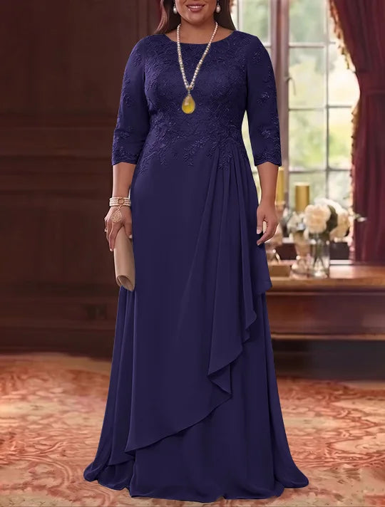 Robe Mère de la Mariée en Mousseline et Dentelle, Grande Taille, Ligne A/Princesse, Col Rond, Manches 3/4, Longueur au Sol, Plissér