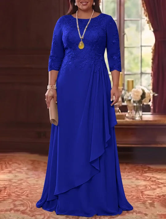 Robe Mère de la Mariée en Mousseline et Dentelle, Grande Taille, Ligne A/Princesse, Col Rond, Manches 3/4, Longueur au Sol, Plissér