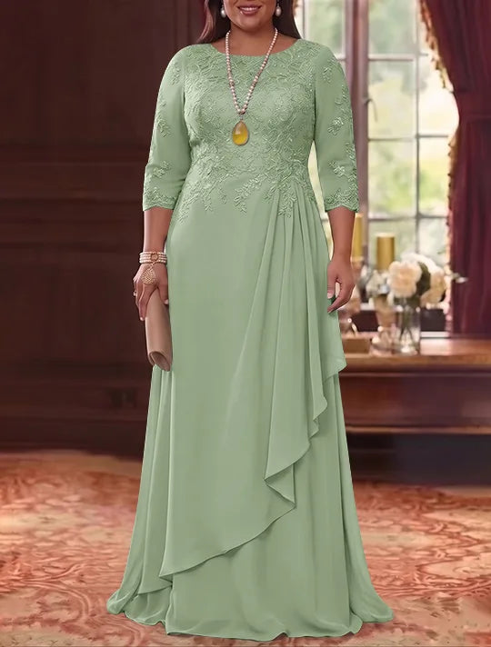 Robe Mère de la Mariée en Mousseline et Dentelle, Grande Taille, Ligne A/Princesse, Col Rond, Manches 3/4, Longueur au Sol, Plissér