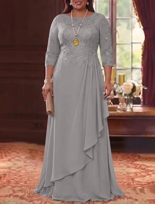 Robe Mère de la Mariée en Mousseline et Dentelle, Grande Taille, Ligne A/Princesse, Col Rond, Manches 3/4, Longueur au Sol, Plissér