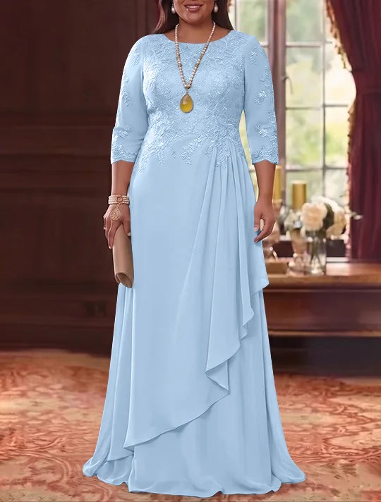 Robe Mère de la Mariée en Mousseline et Dentelle, Grande Taille, Ligne A/Princesse, Col Rond, Manches 3/4, Longueur au Sol, Plissér