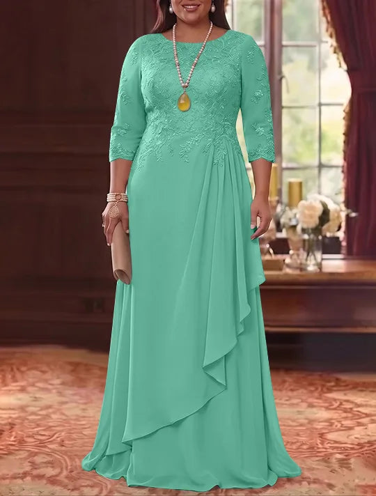 Robe Mère de la Mariée en Mousseline et Dentelle, Grande Taille, Ligne A/Princesse, Col Rond, Manches 3/4, Longueur au Sol, Plissér