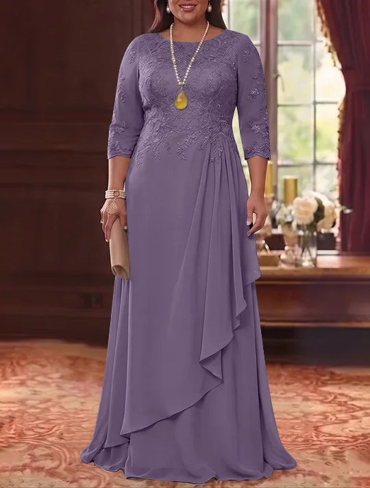 Robe Mère de la Mariée en Mousseline et Dentelle, Grande Taille, Ligne A/Princesse, Col Rond, Manches 3/4, Longueur au Sol, Plissér