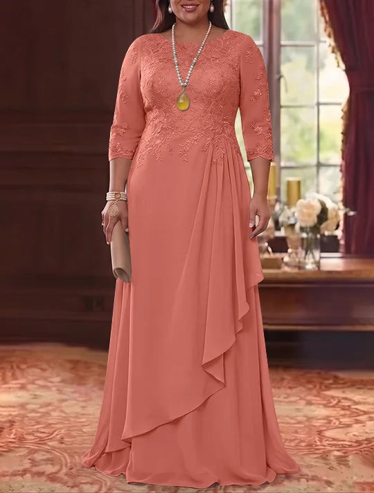 Robe Mère de la Mariée en Mousseline et Dentelle, Grande Taille, Ligne A/Princesse, Col Rond, Manches 3/4, Longueur au Sol, Plissér