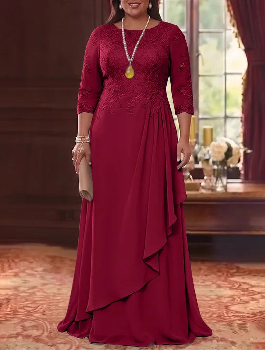 Robe Mère de la Mariée en Mousseline et Dentelle, Grande Taille, Ligne A/Princesse, Col Rond, Manches 3/4, Longueur au Sol, Plissér