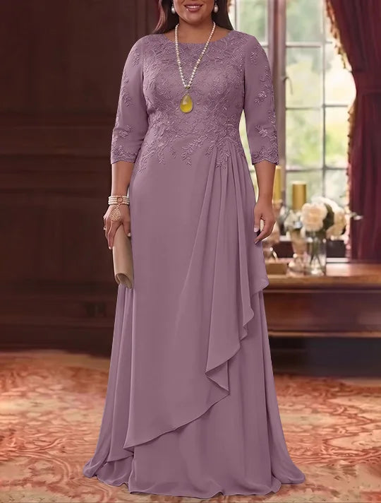 Robe Mère de la Mariée en Mousseline et Dentelle, Grande Taille, Ligne A/Princesse, Col Rond, Manches 3/4, Longueur au Sol, Plissér