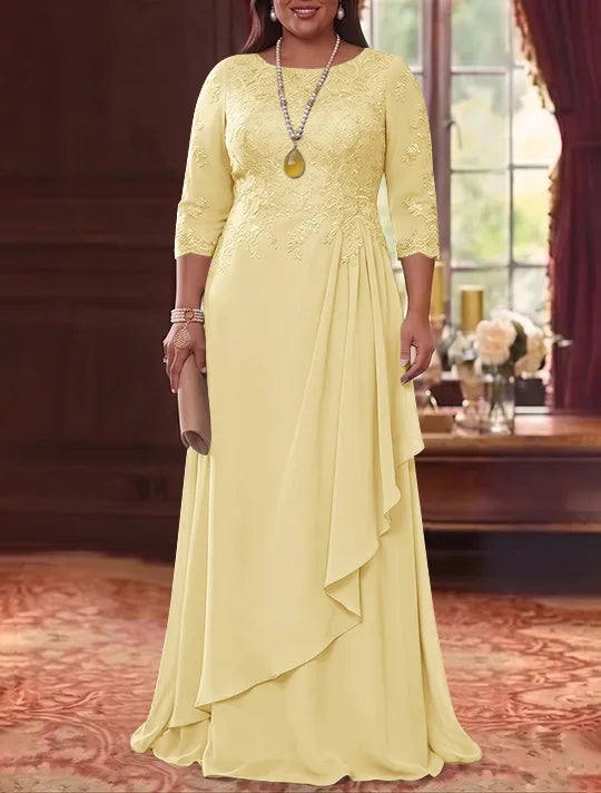 Robe Mère de la Mariée en Mousseline et Dentelle, Grande Taille, Ligne A/Princesse, Col Rond, Manches 3/4, Longueur au Sol, Plissér