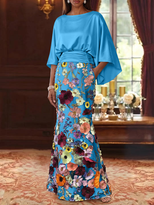 Robe Mère De La Mariée Forme Trompette/Sirène, Satin De Soie Floral, Longueur Au Sol, Manches 3/4, Froncé