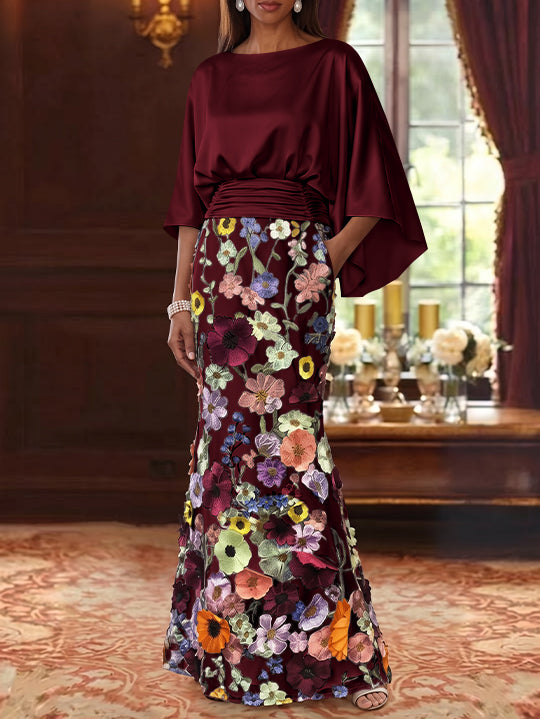 Robe Mère De La Mariée Forme Trompette/Sirène, Satin De Soie Floral, Longueur Au Sol, Manches 3/4, Froncé
