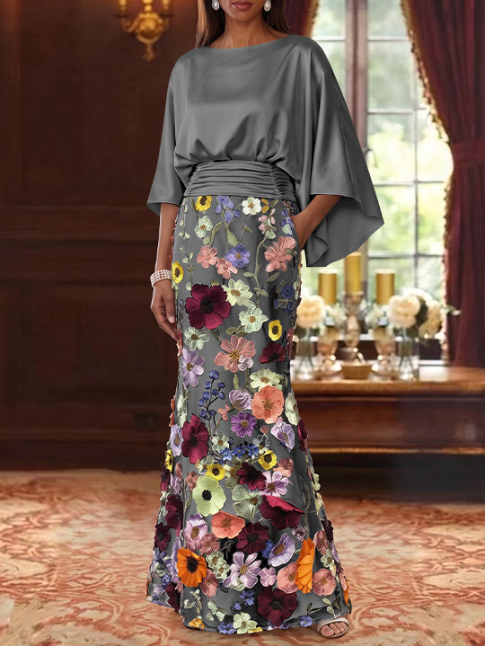 Robe Mère De La Mariée Forme Trompette/Sirène, Satin De Soie Floral, Longueur Au Sol, Manches 3/4, Froncé