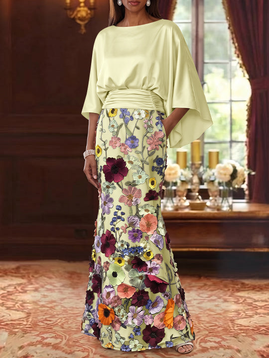 Robe Mère De La Mariée Forme Trompette/Sirène, Satin De Soie Floral, Longueur Au Sol, Manches 3/4, Froncé
