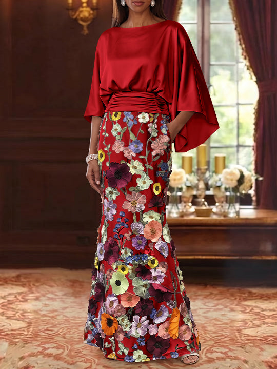 Robe Mère De La Mariée Forme Trompette/Sirène, Satin De Soie Floral, Longueur Au Sol, Manches 3/4, Froncé