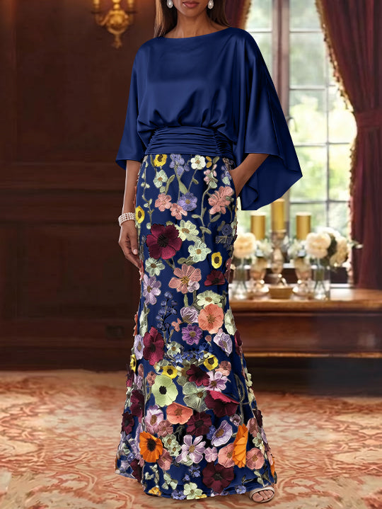 Robe Mère De La Mariée Forme Trompette/Sirène, Satin De Soie Floral, Longueur Au Sol, Manches 3/4, Froncé