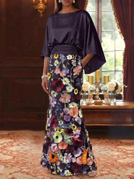 Robe Mère De La Mariée Forme Trompette/Sirène, Satin De Soie Floral, Longueur Au Sol, Manches 3/4, Froncé