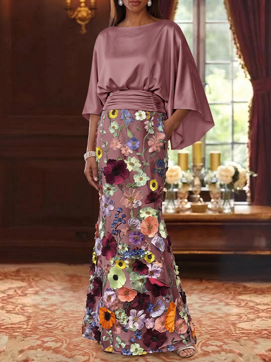 Robe Mère De La Mariée Forme Trompette/Sirène, Satin De Soie Floral, Longueur Au Sol, Manches 3/4, Froncé