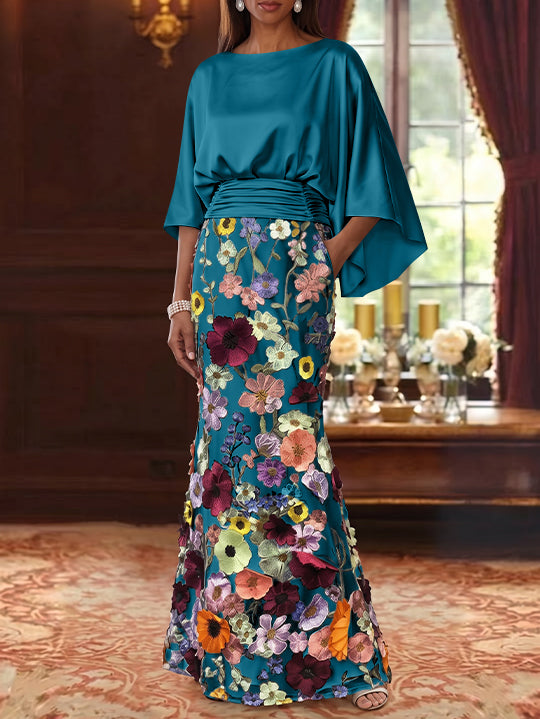 Robe Mère De La Mariée Forme Trompette/Sirène, Satin De Soie Floral, Longueur Au Sol, Manches 3/4, Froncé