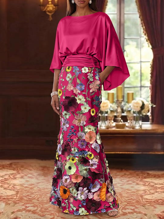 Robe Mère De La Mariée Forme Trompette/Sirène, Satin De Soie Floral, Longueur Au Sol, Manches 3/4, Froncé