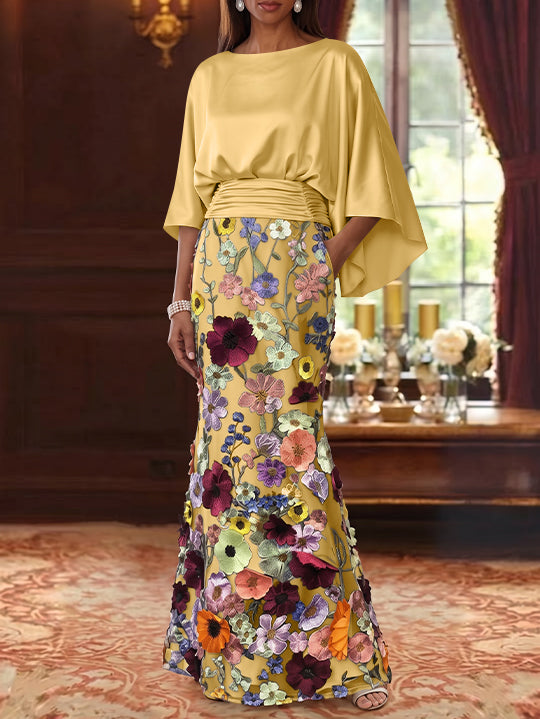 Robe Mère De La Mariée Forme Trompette/Sirène, Satin De Soie Floral, Longueur Au Sol, Manches 3/4, Froncé