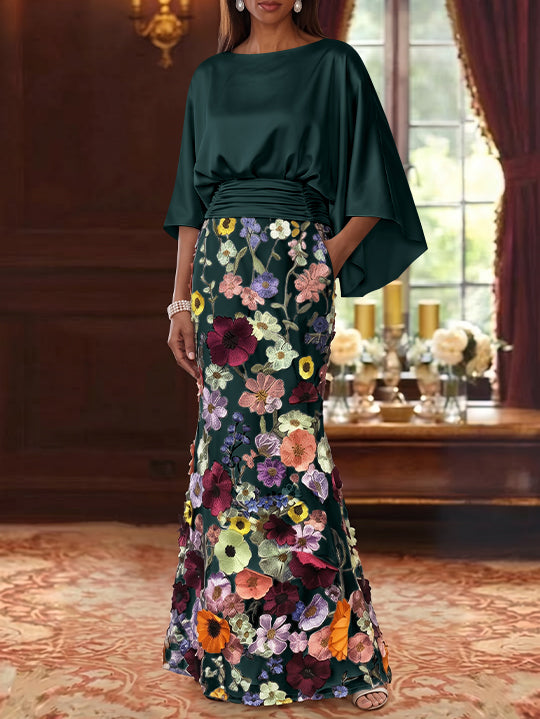 Robe Mère De La Mariée Forme Trompette/Sirène, Satin De Soie Floral, Longueur Au Sol, Manches 3/4, Froncé