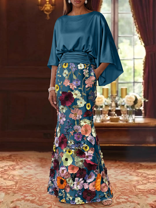 Robe Mère De La Mariée Forme Trompette/Sirène, Satin De Soie Floral, Longueur Au Sol, Manches 3/4, Froncé